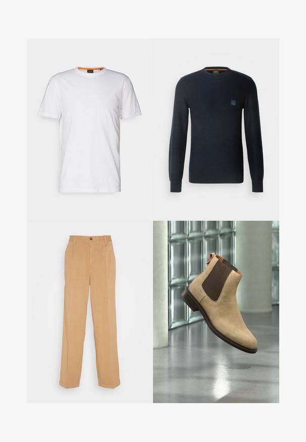 Gestreifter marineblauer Pullover mit langen Ärmeln, rundem Ausschnitt, strukturiertem Stoff und einem kleinen Logo-Patch auf der Brust.; Weißes Baumwoll-T-Shirt mit Rundhalsausschnitt, kurzen Ärmeln und einem dezenten geprägten Logo auf der Brust. Das Innenschild hat einen orangefarbenen Akzent.; Beige weite Hose aus weichem Stoff, mit zwei frontalen Taschen, einem Knopfverschluss und Bügelfalten entlang der Beine.; Beiger Veloursleder-Chelsea-Stiefel mit dunkelbraunem elastischem Seiteneinsatz und Zuglasche, schwebend über einem reflektierenden, polierten Boden innen gezeigt.