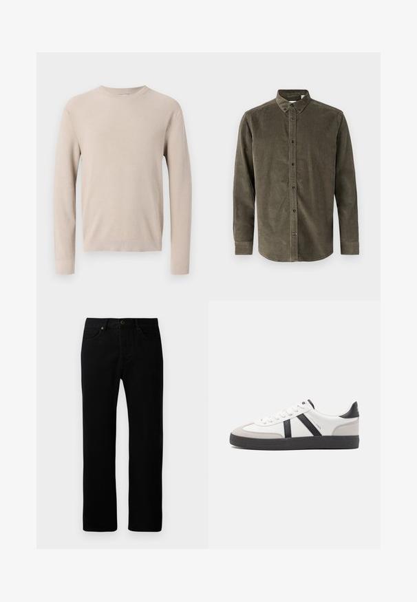 Pull beige à manches longues avec col rond, poignets et ourlet côtelés, présentant un motif en tricot texturé.; Chemise en velours côtelé vert olive avec col boutonné, fermeture à boutons sur l'avant, manches longues et surface texturée.; Jean en denim noir avec une coupe droite, cinq poches, fermeture à bouton sur le devant et détails de couture subtils.; Baskets blanches avec des accents noirs et gris, présentant un embout texturé gris, une semelle en caoutchouc noir et des lacets plats blancs. Design épuré, style minimaliste.