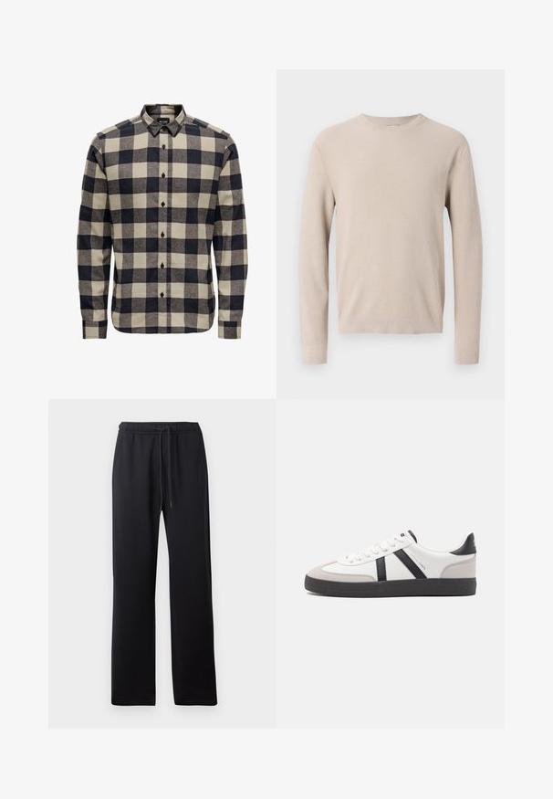 Beige langærmet crewneck-trøje med ribbede manchetter og kant, med et tekstureret strikkemønster.; Herres flannelskjorte i sort og creme, med et klassisk ternet mønster, knap-for-krave og lange ærmer med knapmanchetter.; Abercrombie & Fitch ESSENTIAL BAGGY OPEN HEM CASUAL - Træningsbukser - black; Hvide sneakers med sorte og grå detaljer, med en tekstureret grå tåhætte, sort gummisål og flade hvide snørebånd. Rent design, minimalistisk stil.