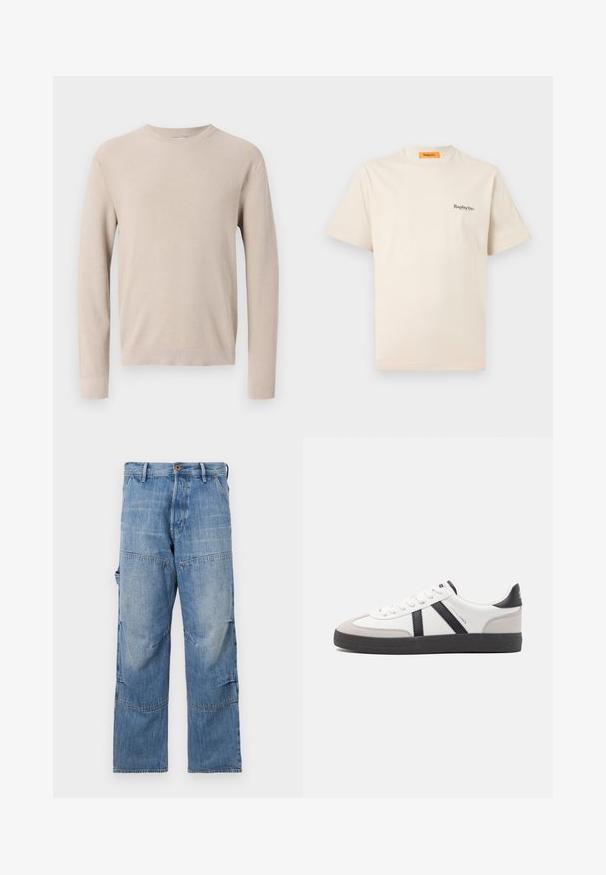 Jersey beige de manga larga con cuello redondo, puños y dobladillo acanalados, con un patrón de punto texturizado.; Replay Inc. ESSENTIAL LOGO UNISEX - Camiseta básica - ivory; Pantalones de mezclilla azul claro con piernas anchas, áreas desteñidas y costuras de patchwork. Presentan un cierre frontal con botón y cremallera, además de bolsillos laterales.; Zapatilla blanca con acentos en negro y gris, que presenta una puntera texturizada en gris, suela de goma negra y cordones planos blancos. Diseño limpio, estilo minimalista.