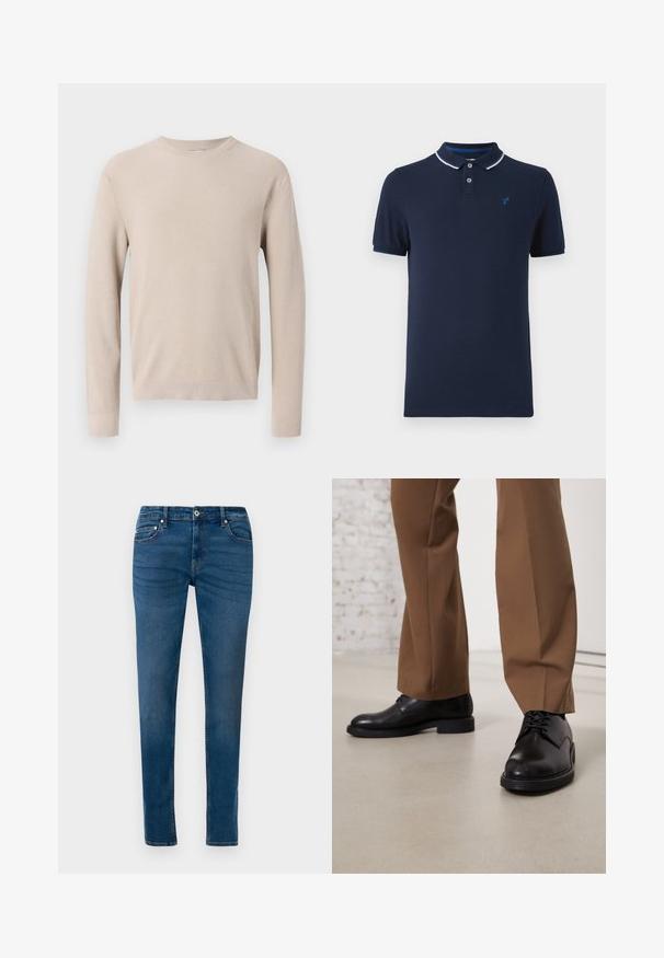 Beige trui met lange mouwen en ronde hals, met geribbelde manchetten en zoom, voorzien van een gestructureerd gebreid patroon.; Navyblauwe polo van katoen, met een gekleed hals, twee knopen, korte mouwen en een klein logo op de borst.; Blauwe denim skinny jeans met een knoopsluiting aan de voorkant, riemlussen en voor- en achterzakken, weergegeven tegen een witte achtergrond.; Zwarte leren schoenen met een gladde oppervlakte en een ronde neus, metveterafsluiting en een lage, platte zool. Gecombineerd met bruine broeken.