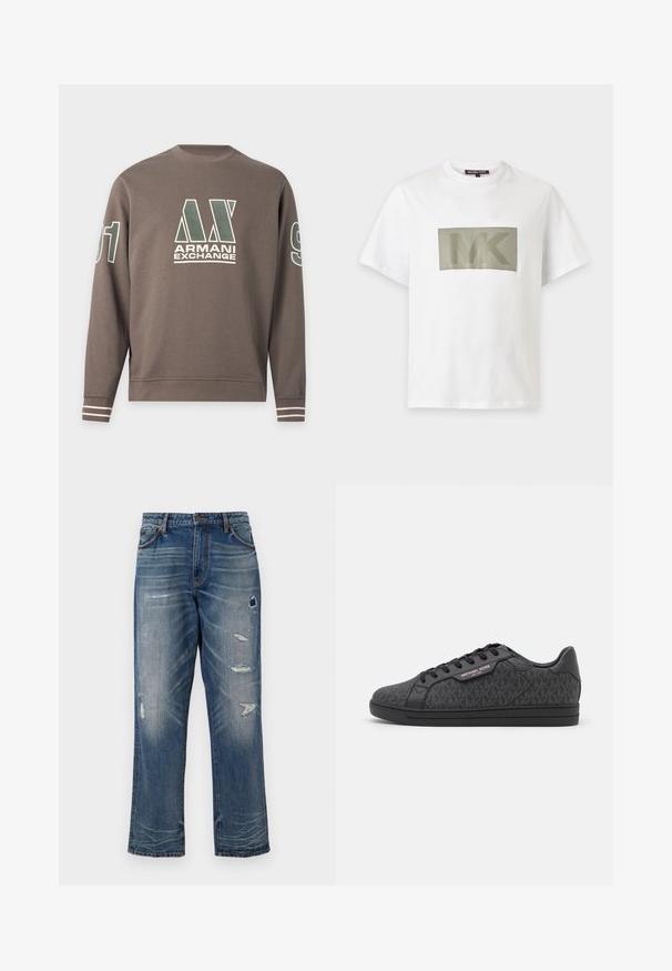 Brun langærmet sweatshirt med Armani Exchange-logo på brystet og tallet 91 på ærmerne samt hvide striber på manchetterne.; Hvid T-shirt med korte ærmer med stort sort perforeret "MK" logo centreret på brystet.; Blå denim jeans med afslappet pasform, der har slidte lapper og falmede områder. De har standardlommer og synlige syninger som detaljer.; Sorte sneakers med en tekstureret stofoverdel med et subtilt MK-mønster, sorte læderdetaljer og en sort gummisål.