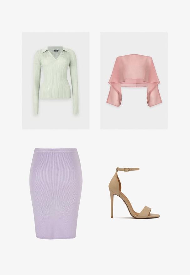 Lysegrøn ribbet langærmet sweater med V-hals og en foldet krave, tætsiddende silhuet, vist på en hvid baggrund.; Gennemsigtig pink off-shoulder crop top med brede, flydende ærmer og et løst, lagdelt design.; Ribbet blyantnederdel i lys lilla med en tætsiddende design. Har en høj talje, glat tekstur og knælang længde.; Beige højhælede sandaler med en blank finish, åben tå og enkelt ankelrem med en guldtonet spænde. Slankt design og minimalistisk stil.