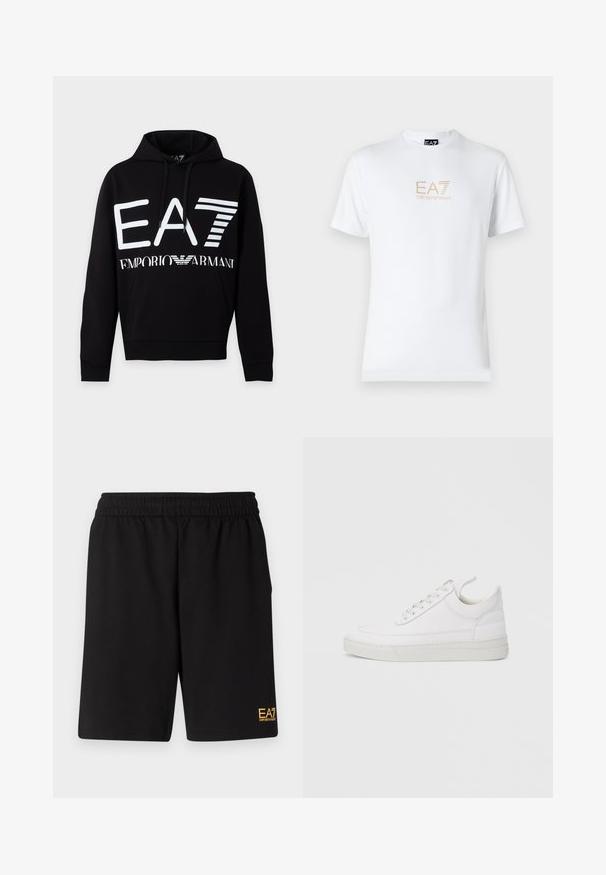 Sort hættetrøje med hvidt EA7-logo og Emporio Armani-tekst foran, med frontlomme og snører i hætten.; Hvid bomulds t-shirt med rund halsudskæring og korte ærmer, prydet med et gold EA7 Emporio Armani logo trykt på forsiden.; Sorte atletiske shorts lavet af blødt stof, med en elastisk talje og et lille gult EA7-logo nederst på venstre ben.; Hvid lædersneaker med rundet tå, flad sål og snørebånd foran. Har syningsdetaljer og polstret krave for komfort.