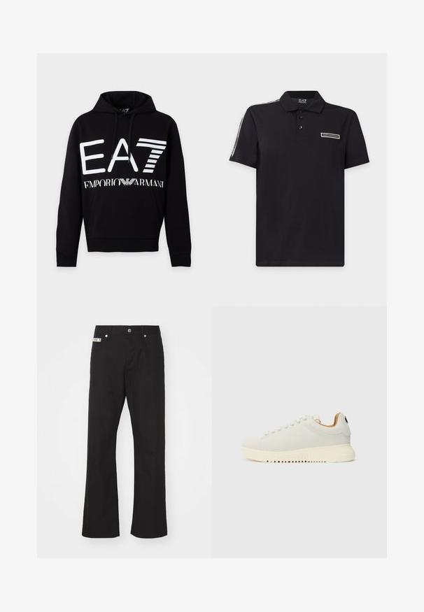 Must kapuutsiga dressipluus, millel on ees valge EA7 logo ja Emporio Armani tekst, esitasku ja kapuutsil pael.; Must lühikeste varrukatega polopluus kolme nupuga, EA7 Emporio Armani logo rinnal ja bränditud lint mööda õlga.; Mustad puuvillased püksid sirge jala disainiga, ees nupuga sulgemine, kahe küljetaskuga ja väikese brändi sildiga vöökohtade peal.; Valge toss, millel on sile nahast ülemine osa, paks kreemjas kummist tall ja diskreetne tikand. Minimalistlik disain ümarate varvaste ja paeltesüsteemiga.