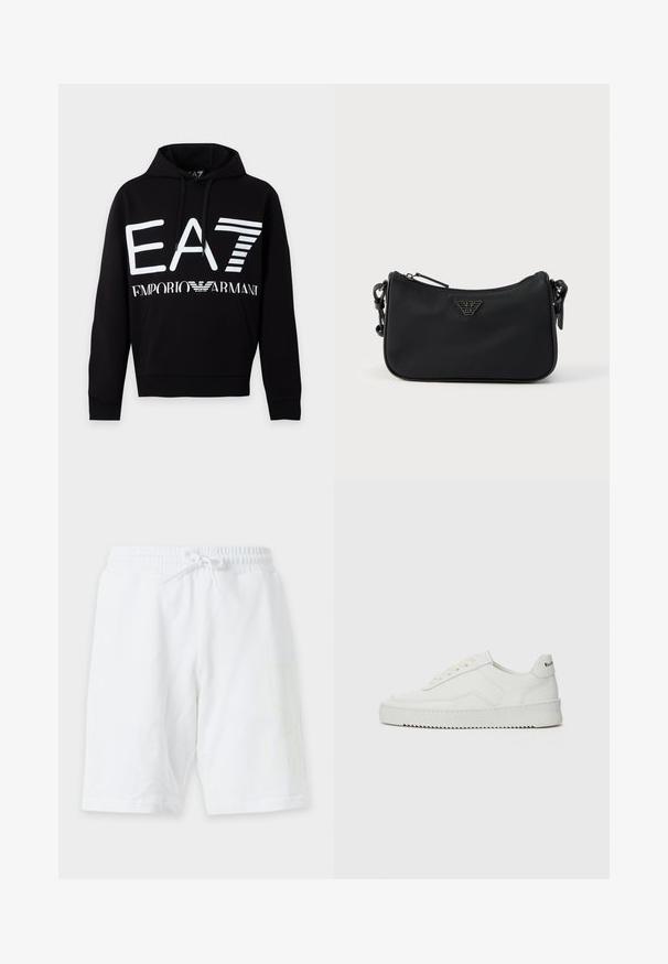 Μαύρο hoodie με λευκό λογότυπο EA7 και κείμενο Emporio Armani μπροστά, με μπροστινή τσέπη και κουκούλα με κορδόνι.; Άσπρη βερμούδα μήκους μέχρι το γόνατο με ελαστική μέση και κορδόνι σε μονόχρωμο φόντο.; Λευκό δερμάτινο sneakers με λείο φινίρισμα, στρογγυλή μύτη, επίπεδα κορδόνια και υφή στην σόλα. Φέρει μια διακριτική λογότυπο στη φτέρνα.; Μαύρη τσάντα ώμου με φερμουάρ, ρυθμιζόμενο λουρί και μεταλλικό έμβλημα λογότυπου στο κέντρο του μπροστινού μέρους.