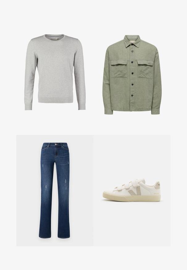 Grå sweater med lange ærmer, rund halsudskæring, ribbede manchetter og kant. Fremstillet af et glat strikmateriale med en ensartet tekstur. Ingen mønstre eller accenter.; Lysegrøn skjorte med lange ærmer og knapper, to brystlommer med klap og klassisk krave, lavet af tekstureret stof.; ONLY ONLWAUW MID WAIST - Jeans Slim Fit - dark blue denim; Hvide lædersneakers med Velcro-remme, beige accenter, rund tå, tekstureret gummisål og prægede logo. Minimalistisk design.