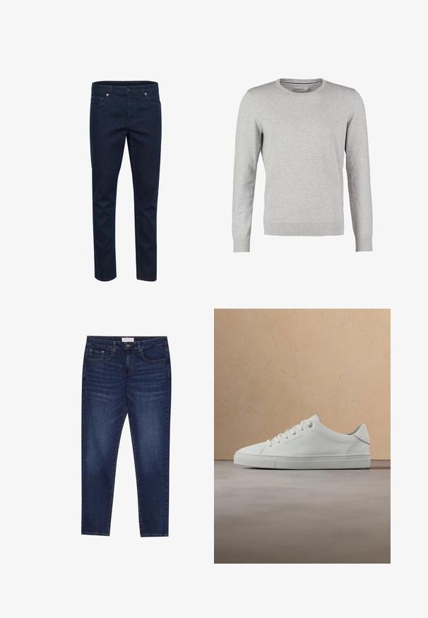 Grå sweater med lange ærmer, rund halsudskæring, ribbede manchetter og kant. Fremstillet af et glat strikmateriale med en ensartet tekstur. Ingen mønstre eller accenter.; Mørkeblå denimjeans med slim fit, fem lommer og knaplukning, vist mod en hvid baggrund.; Mørkeblå slim-fit jeans med fem lommer, knaplukning og kontrastsying, mærket Pier One på livlinen.; Hvid læderlav-top sneaker med snørebånd, placeret i luften over et struktureret beige tæppe, tæt på et rundt træ sofabord med bøger.
