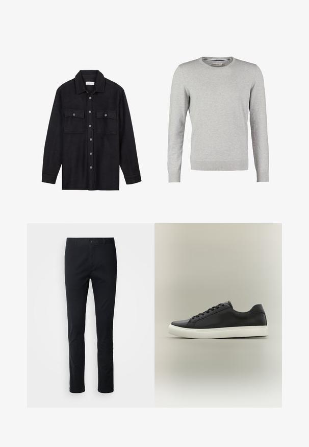 Grå sweater med lange ærmer, rund halsudskæring, ribbede manchetter og kant. Fremstillet af et glat strikmateriale med en ensartet tekstur. Ingen mønstre eller accenter.; Sort uldt skjortejakke med spids krave, knapper foran og to brystlommer. Har tonale knapper og en afslappet pasform.; Sorte, lige bukser lavet af et blandingsstof af bomuld. Har knaplukning og bæltestropper. Glat struktur uden synlige mønstre.; Sort lavtop sneakersko med hvid gummisål og sorte snørebånd, vist i sideprofil mod en neutral baggrund.