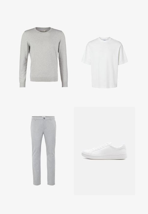 Grå sweater med lange ærmer, rund halsudskæring, ribbede manchetter og kant. Fremstillet af et glat strikmateriale med en ensartet tekstur. Ingen mønstre eller accenter.; Enkel hvid t-shirt med korte ærmer, rund hals og løs pasform vist på hvid baggrund.; Lysegrå bukser lavet af vævet stof, med flad front, knaplukning og lige ben. Rene linjer og minimal dekoration.; Hvid lavtop-sneaker med snørelukning, glat læderoverdel og tyk gummisål vist i sideprofil mod en ensfarvet baggrund.