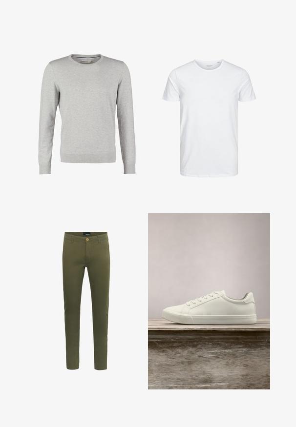 Grauer Pullover mit langen Ärmeln, rundem Halsausschnitt, gerippten Bündchen und Saum. Hergestellt aus einem glatten Strickmaterial mit einheitlicher Textur. Keine Muster oder Akzente.; Rundhals-T-Shirt mit kurzen Ärmeln in reinem Weiß, aus weicher Baumwolle, mit einem schlichten Design ohne sichtbare Muster oder Akzente.; Olivgrüne Hosen aus weichem Baumwollgemisch mit vorderem Knopfverschluss, Gürtelschlaufen und slim fit Design.; Weiße Schnürsneaker, die über einer Holzbank mit grünem Laub im Hintergrund schweben und das Schuhdesign sowie die Textur zeigen.