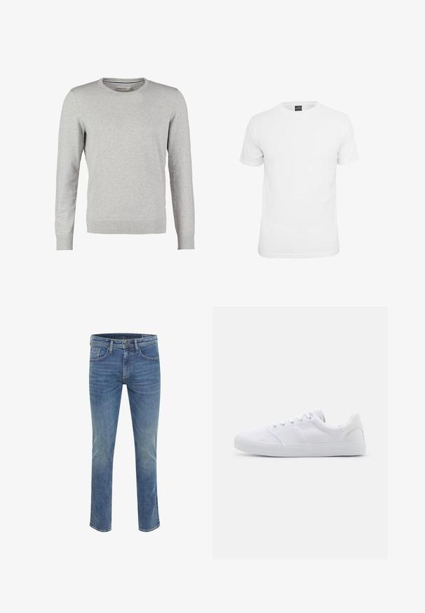 Pull gris à manches longues, col rond, avec des poignets et un ourlet côtelés. Fait d'un tissu en maille lisse avec une texture uniforme. Pas de motifs ni d'accents.; T-shirt blanche à manches courtes, en coton, avec un col rond et une texture lisse, conçue pour un usage décontracté.; Jean en denim bleu coupe slim, doté de cinq poches, fermeture avant à boutons et légère décoloration pour texture et détails.; Baskets en toile blanches avec une semelle en caoutchouc, dotées de six œillets, d'un embout texturé et d'un design minimaliste.