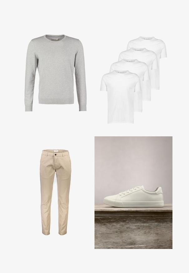 Suéter gris de mangas largas, con cuello redondo, puños y dobladillo acanalados. Está hecho de un material de punto suave con una textura uniforme. Sin patrones ni acentos.; Camisetas de algodón blancas, de manga corta, con cuello redondo, textura suave, cuatro piezas apiladas con diseño consistente y sin patrones ni acentos.; Pantalones de algodón beige con diseño de pierna recta, que cuentan con bolsillos delanteros, cierre de cremallera y un solo botón. Textura lisa, sin estampados.; Zapatilla blanca con cordones flotando sobre un banco de madera con follaje verde al fondo, mostrando el diseño y la textura del zapato.