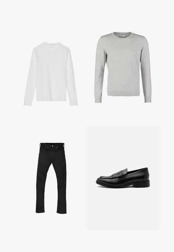 Grå sweater med lange ærmer, rund halsudskæring, ribbede manchetter og kant. Fremstillet af et glat strikmateriale med en ensartet tekstur. Ingen mønstre eller accenter.; Langærmet hvid T-shirt lavet af blød bomuld, med rund halsudskæring og en glat tekstur uden synlige mønstre eller accenter.; Sorte slim-fit jeans med fem lommer og knaplukning, præsenteret fladt på en hvid baggrund.; Sort læder herre loafers med kvast detalje, rundet tå, lav hæl og glat poleret finish, vist fra siden på hvid baggrund.