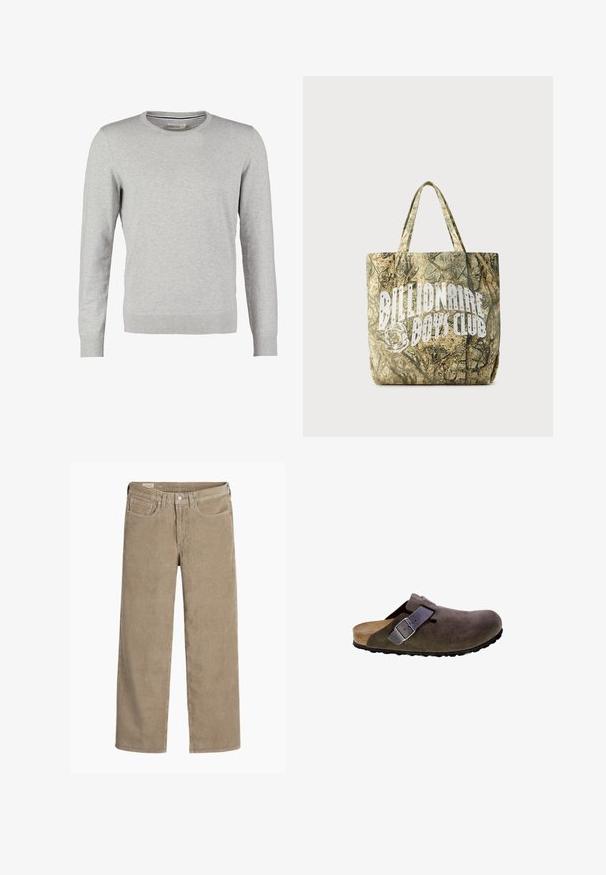 Pull gris à manches longues, col rond, avec des poignets et un ourlet côtelés. Fait d'un tissu en maille lisse avec une texture uniforme. Pas de motifs ni d'accents.; Pantalon en velours côtelé de couleur brun clair, au design ample, doté d'une fermeture à bouton et à zip, de cinq poches et d'une texture douce et côtelée.; Sabot en daim marron avec un bout rond, sangle ajustable avec une boucle métallique et une semelle en caoutchouc noir texturé.; Sac fourre-tout à motif camouflage en tissu texturé avec deux poignées. Présente un logo blanc bien visible sur un côté.