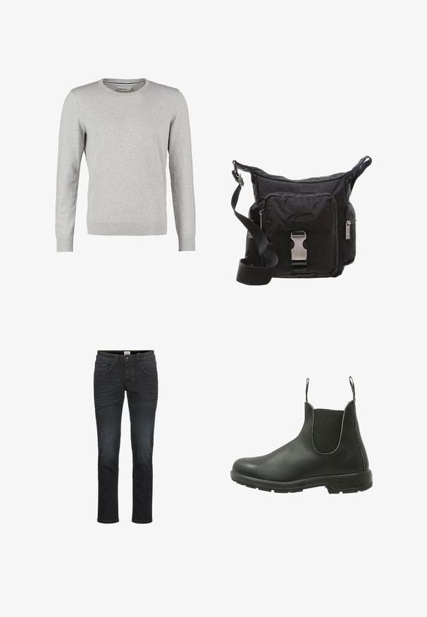 Grijze trui met lange mouwen, ronde halslijn, ribbels aan de manchetten en onderkant. Gemaakt van een soepele gebreide stof met een uniforme textuur. Geen patronen of accenten.; Slim-fit jeans in een donkere denimwassingen, met vijf zakken, riemlussen en een rits. Glad textuur met minimale vervaging en stikseldetails.; Zwarte leren Chelsea-boot met elastische zijpanelen, ronde neus en een textuur rubberen zool, ontworpen voor gemakkelijke instap.; Zwarte nylon crossbody tas met verstelbare band, ritsvakjes en een voorflap. Voorzien van een metalen sluiting en een subtiele textuur.