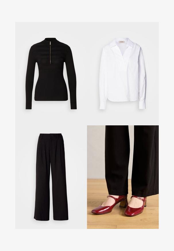 Jersey de polo negro de manga larga con media cremallera, que presenta un patrón de rayas horizontales y textura acanalada en los puños y el bajo.; Camisa blanca de manga larga hecha de una tela ligera texturizada, con escote en V, cuello oversized y sutiles rayas verticales.; Pantalones de pierna ancha negros, confeccionados en una tela suave, con pliegues en la parte frontal, una cinturilla ajustada y sin patrones o acentos visibles.; Zapatos de tacón Mary Jane de charol rojo con punta cuadrada, una correa en el empeine y un tacón bajo en bloque. Combinados con pantalones negros.