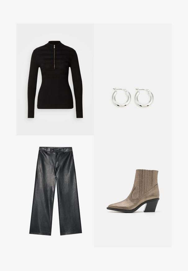 Zwart langwerpig polo sweater met een halve rits, voorzien van horizontale streep patronen en geribbelde textuur bij de manchetten en de zoom.; Zwarte leren wijde broek met een gladde textuur, riemlussen en een ritssluiting aan de voorkant. Heeft een losse pasvorm en nette stikseldetails.; Metalen bronzen enkelboot met een spitse neus, textuur oppervlak, verticale uitsparingen en een blokhak met een doorzichtig accent.; Zilveren oorbellen in de vorm van een ring met een gepolijste afwerking, met een cirkelvorm en een scharnierende postsluiting. Glad oppervlak met minimale details.
