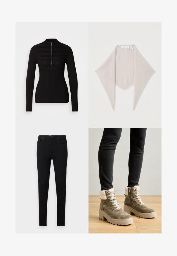 Schwarzer Langarm-Polo-Pullover mit halbem Reißverschluss, ausgestattet mit horizontalen Streifenmustern und geripptem Textil an den Bündchen und dem Saum.; Schwarze Skinny-Jeans aus glattem Denim-Stoff. Sie verfügen über ein klassisches Fünf-Taschen-Design und einen Knopfverschluss in der Taille.; Olivengrüne Wildleder-Stiefeletten mit einem Kunstfellbesatz, silbernen Beschlägen und einer chunky, beigefarbenen Plateausohle. Mit Schnürsenkeln und einem seitlichen Reißverschluss.; Beige gestrickter dreieckiger Schal mit spitzen Enden, mit Markenetikett und Zertifizierungsanhänger in der Nähe der oberen Kante.