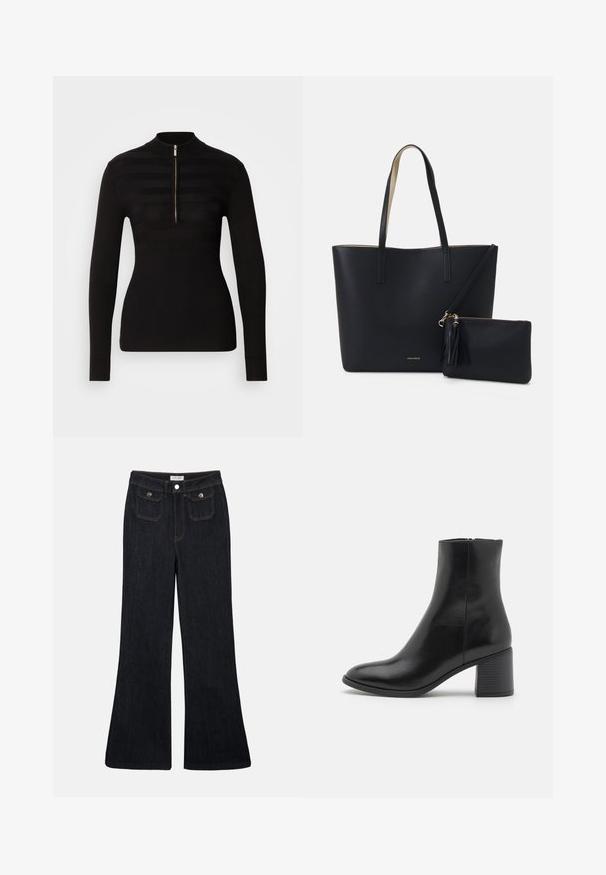 Pull polo noir à manches longues avec demi-fermeture éclair, présentant des motifs de rayures horizontales et une texture côtelée aux poignets et à l'ourlet.; Jeans en denim foncé évasés avec une taille haute, deux poches avant et des coutures orange. Le matériau semble robuste et lisse.; Bottine en cuir noir avec un bout arrondi, un talon bloc de hauteur moyenne et une finition lisse. Dotée d'une fermeture éclair discrète sur le côté.; Sac fourre-tout noir avec un matériau texturé, deux longues anses et une pochette zippée amovible avec un détail de pompon. Logo de la marque en orvisible.