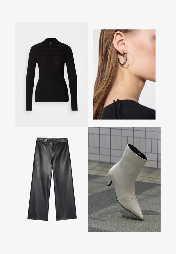 Jersey de polo negro de manga larga con media cremallera, que presenta un patrón de rayas horizontales y textura acanalada en los puños y el bajo.; Pantalones de cuero negro de pernera ancha con una textura suave, lazos para cinturón y cremallera frontal. Presenta un ajuste holgado y detalles de costura limpios.; Bota de cuero color crema con punta afilada y pequeño tacón de aguja, posada sobre pavimento exterior junto a una pared de azulejos.; Pendiente de aro de plata con un acabado pulido, que presenta pequeños detalles en dorado y una forma redonda, llevado en el lóbulo.
