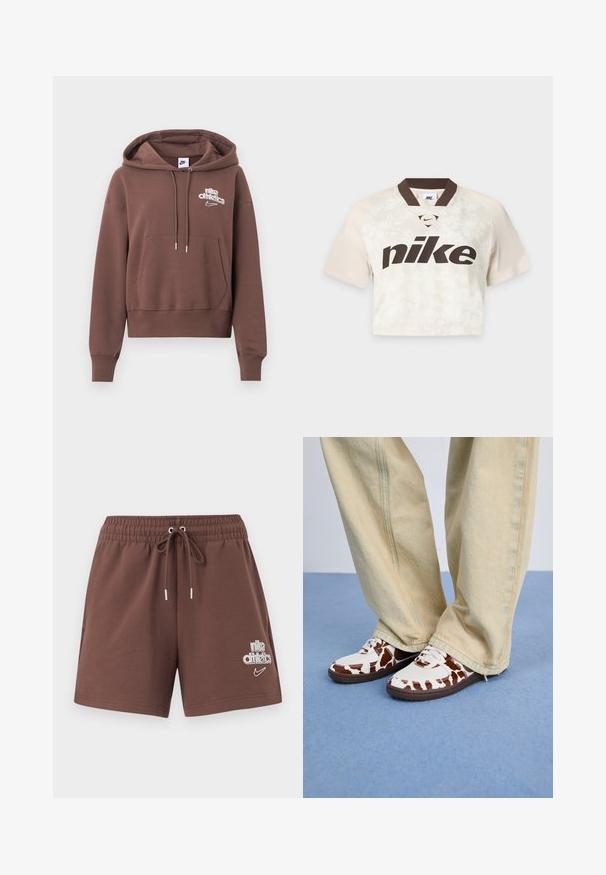 Brun hættetrøje lavet af blødt stof, med en kængurulomme, snører ved hætten og hvidt "Nike Athletics"-logo på brystet.; Kortærmet, cropped Nike sportstrøje i beige med mørkebrun krave og stort Nike-logo på forsiden.; Brune atletikshorts med elastisk linning og snøre. Har hvide Nike- og atletiklogoer; blødt bomuldsblandingsstof.; Hvide og brune mønstrede sneakers i mesh og læder med brune gummisåler. Matchet med lyse beige bukser med vide ben.