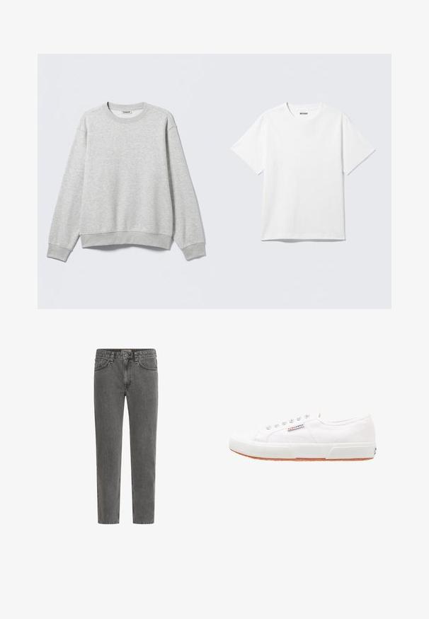 Sweat-shirt gris en mélange de coton doux. Encolure ronde côtelée et poignets, avec une coupe décontractée. Pas de motifs visibles ni de détails métalliques.; T-shirt blanc à manches courtes et col rond, étalé à plat, design uni, avec l'étiquette "WEEKDAY" à l'intérieur du col sur un fond clair.; Jean en denim gris clair avec une coupe à jambe droite, cinq poches, passants pour ceinture et une braguette zippée. La texture du tissu semble légèrement usée.; Baskets en toile blanches avec une semelle en caoutchouc, design à lacets et une petite étiquette logo sur le côté. Tige blanche texturée et semelle extérieure marron.