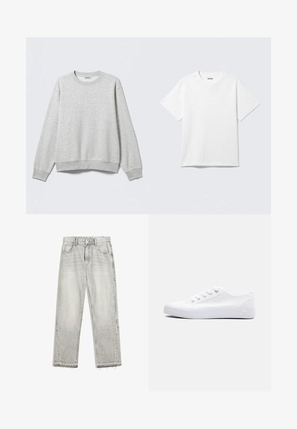 Grauer Pullover aus weicher Baumwollmischung. Gerippter Rundhalsausschnitt und Bündchen, mit lockerem Sitz. Keine sichtbaren Muster oder Hardware-Details.; Weißes T-Shirt mit kurzen Ärmeln und Rundhalsausschnitt, flach liegend, schlichtes Design, mit „WEEKDAY“-Etikett innen im Kragen auf hellem Hintergrund.; Hellgraue Jeans aus Denim mit leicht gefärbtem Finish, geradem Schnitt, fünf Taschen-Design und ausgefranstem Saum. Flacher Bund mit Gürtelschlaufen.; Weißer Sneaker aus Leinwand mit niedrigem Schaft, weißen Schnürsenkeln, Gummisohle und Metallösen, von der Außenseite auf einem schlichten Hintergrund gezeigt.