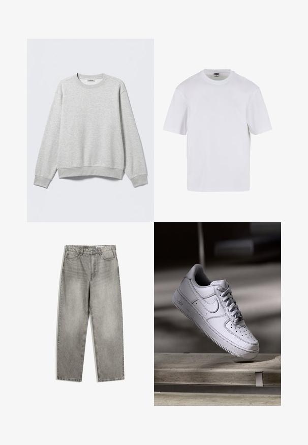 Grauer Pullover aus weicher Baumwollmischung. Gerippter Rundhalsausschnitt und Bündchen, mit lockerem Sitz. Keine sichtbaren Muster oder Hardware-Details.; Weißes T-Shirt mit kurzen Ärmeln aus Baumwolle. Besitzt einen Rundhalsausschnitt und eine lockere Passform. Glatte Textur, minimalistisches Design, ohne Muster oder Akzente.; Graue Denim-Hosen mit geradem Schnitt, ausgestattet mit Fronttaschen, einem Knopfverschluss und subtilen verblassten Texturen.; Weißer Nike Air Force 1 Sneaker aus Leder mit perforierter Zehenpartie, flachen Schnürsenkeln und strukturierter Gummisohle mit "AIR"-Branding an der Seite.