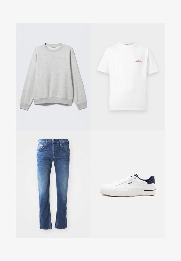 Grå sweatshirt lavet af blød bomuldsblanding. Ribstrikket rund hals og manchetter med en afslappet pasform. Ingen synlige mønstre eller hardware-detaljer.; Hvid t-shirt med korte ærmer og rund hals, med lille rød "at Replay" tekstlogo på øverste venstre bryst.; Mørkeblå denim jeans med lige ben-design, der har fem lommer, en brun knaplukning og diskret lys udtoning ved lårene.; Hvid lav sneakers med marineblå hælkant, hvide snørebånd, tyk sål og "Pepe Jeans" logo på siden.