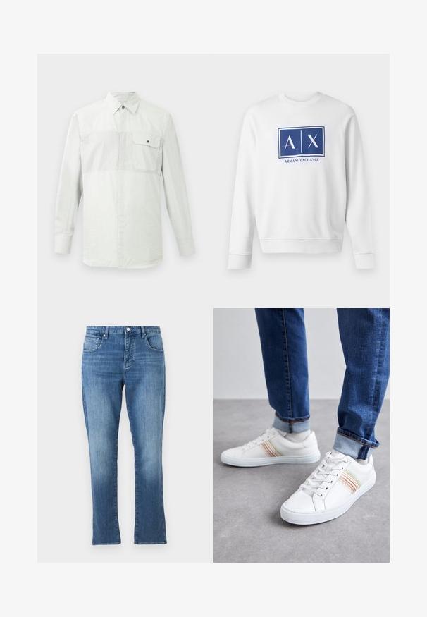 Biela mikina s dlhým rukávom s modrým obdĺžnikovým logom, na ktorom je nad textom "Armani Exchange" na hrudi zobrazený nápis "A | X".; Biele dlhé rukávy košeľa na gombíky s jemnými vertikálnymi pruhmi a jedným gombíkovým vreckom na hrudi na ľavej strane.; Modré džínsy z denimu s rovnými nohavicami, zapínaním na predné gombíky a zips, s dizajnom s piatimi vreckami, zobrazené na jednoduchom svetlom pozadí.; Biele kožené tenisky s viacfarebnými prúžkami, šnurovací dizajn, gumená podrážka a polstrovaný golier, skombinované s modrými džínami.