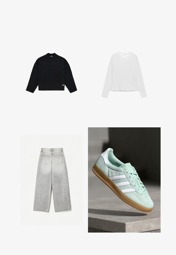 Sort sweater med rund hals, lange ærmer og ribbet kant. Fremstillet af et blødt, struktureret materiale. Har et lille hvidt logo forneden.; Hvid langærmet t-shirt med rund halsudskæring. Fremstillet af glat stof, har en lige linning og en afslappet pasform. Enkel design uden mønstre.; Løse grå denim jeans med et falmet udseende, med to baglommer og rå kanter.; Adidas Gazelle sneakers i mintgrønt ruskind med hvide accenter, snørebåndslukning og en sål i gummigummi. Har tre hvide striber.