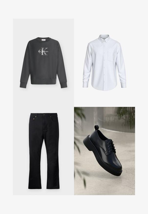 Donkergrijze lange mouw trui met ronde hals en wit Calvin Klein-logo in het midden van de borst tegen een effen witte achtergrond.; Witte blouse met lange mouwen met dunne verticale zwarte strepen en een enkele borstzak, getoond op een neutrale achtergrond.; Zwarte denim broek met een rechte pasvorm, voorzien van voorzakken, een knoopsluiting en accenten in goudkleurige hardware. Gladde textuur.; Zwarte leren schoen met een ronde neus, vetersluiting en een dikke rubberen zool met een gestructureerde rand. Strakke afwerking en minimale hardware.