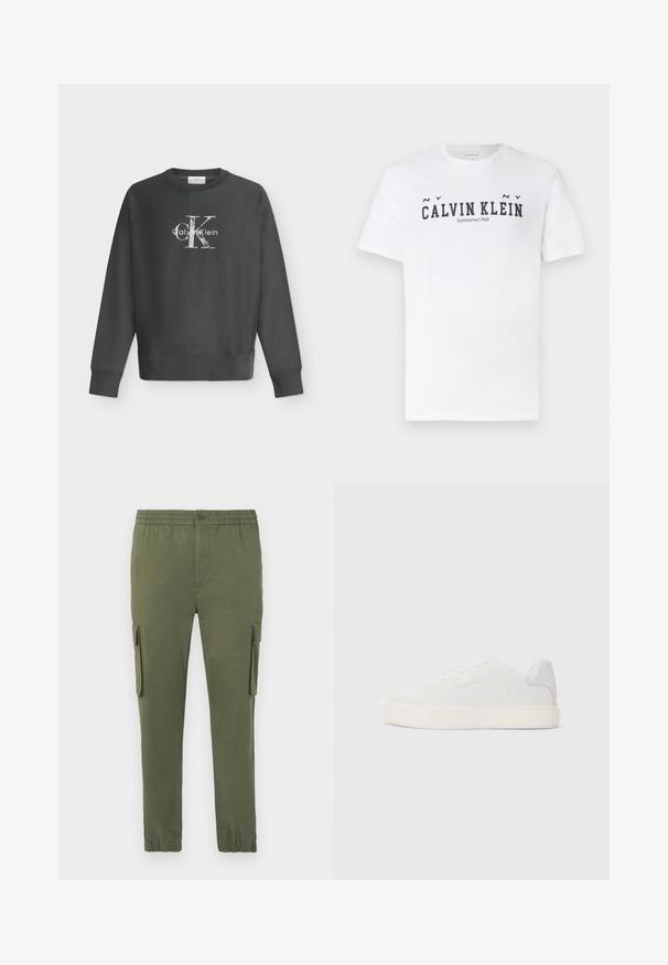 Sweat-shirt gris foncé à manches longues avec col rond et logo Calvin Klein blanc centré sur la poitrine sur fond blanc uni.; T-shirt blanc à manches courtes avec texte noir "NY CALVIN KLEIN Established 1968" imprimé sur la poitrine, col rond et coupe régulière.; Pantalons cargo de couleur vert olive, fabriqués à partir d'un tissu léger. Comprend une taille élastique, une fermeture à bouton et des poches latérales zippées.; Baskets blanches avec une tige synthétique lisse, bout rond et semelle plate blanche. Caractérisées par des coutures ton sur ton et un branding minimaliste sur le côté.