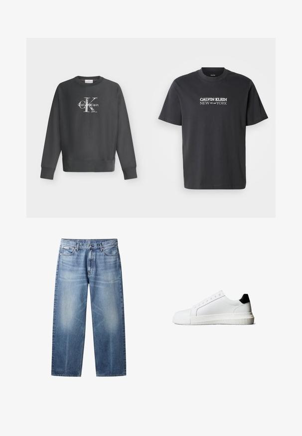 Sudadera de algodón gris oscuro de manga larga con cuello redondo y el logotipo blanco de Calvin Klein centrado en el pecho sobre un fondo blanco liso.; Camiseta negra de algodón con mangas cortas y cuello redondo, con el logo blanco "CALVIN KLEIN NEW YORK EST. 1968" en el frente.; Vaqueros rectos de pierna en azul claro con zonas descoloridas, cinco bolsillos, cierre de botones y etiqueta Calvin Klein en el bolsillo delantero derecho.; Zapatillas de cuero blanco con un detalle en el talón negro, que cuentan con cordones planos, punta redondeada y una suela de goma acanalada para mejor agarre.