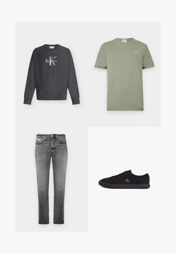 Dunkelgraues Sweatshirt mit Rundhalsausschnitt und langen Ärmeln, mit weißem Calvin Klein Logo mittig auf der Brust vor weißem Hintergrund.; Olivgrünes Calvin Klein T-Shirt mit kurzen Ärmeln, Rundhalsausschnitt und kleinem Logo auf der linken Brust.; Graue gerade geschnittene Jeans aus Denim mit Vordertaschen, Gürtelschlaufen, Knopfverschluss und dezenten Ausbleichungen.; Schwarzer Sneaker mit niedrigem Schaft, Schnürung vorne, Gummisohle und grauem "cK"-Logo an der Außenseite, von der Außenseite betrachtet.