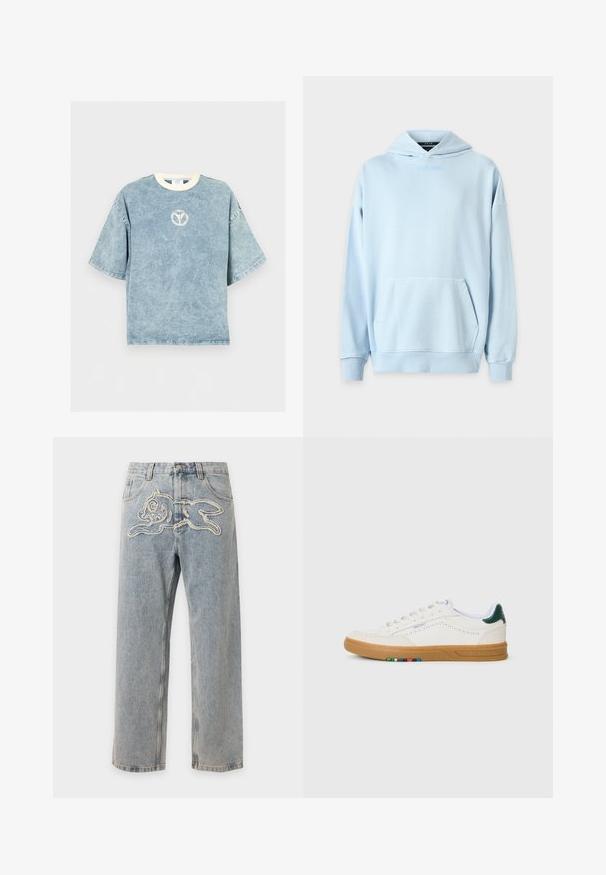 Hoodie bleu clair avec une poche frontale, des poignets côtelés et un logo brodé sur la poitrine. Fabriqué en tissu doux mélangé coton.; T-shirt oversize bleu délavé à manches courtes avec une encolure ronde blanche et un petit logo circulaire délavé sur la poitrine.; Jean en denim bleu clair avec un motif lapin ludique brodé sur la zone avant de la taille.; Baskets en cuir blanc avec design perforé, semelle en caoutchouc translucide, accent de talon vert et détail à rayures colorées sur le côté.