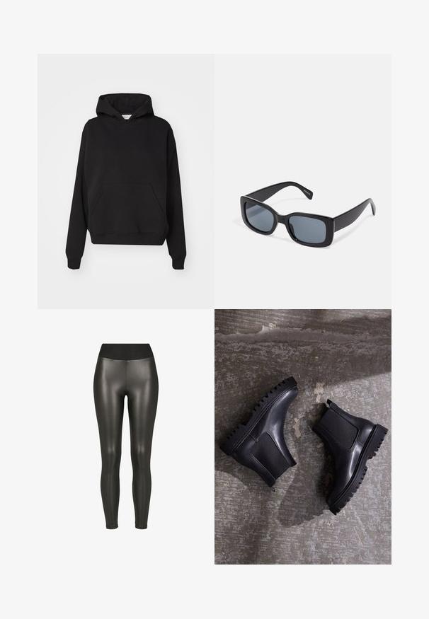 Gina Tricot ICONIC HOODIE - Hættetrøje - black; Sorte højtaljede leggings i kunstlæder med en glat, skinnende finish og ankellængde på en hvid baggrund.; Sorte ankelstøvler med en kraftig sål, elastiske paneler og en glat læderfinish. Markant ribbet ydersål og slank silhuet.; Sorte rektangulære solbriller med mørkt tonede linser, tyk plastramme og brede stænger. Glat overflade og kantet design.