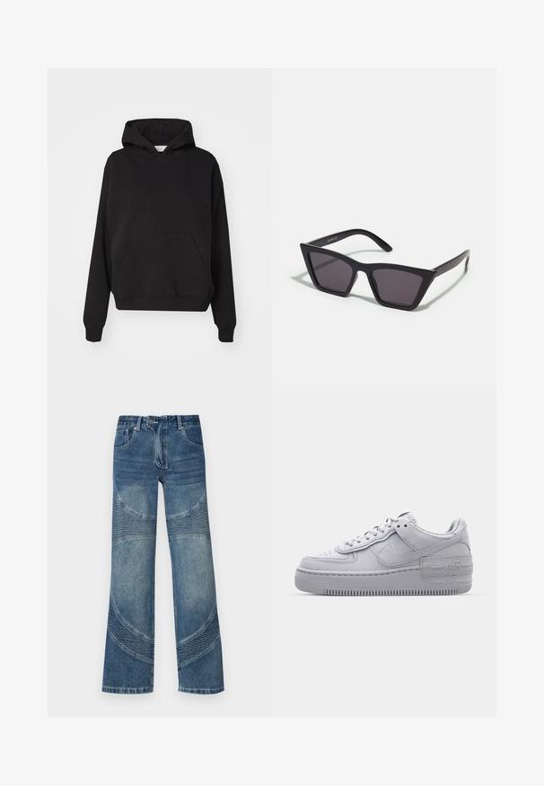 Gina Tricot ICONIC HOODIE - Hoodie - black; Hoge taille blauwe denim jeans met brede pijpen, voorzien van gebogen naaddetails en ribbelsecties aan de onderkant. Casual stijl.; Grijze Nike Air Force 1 sneaker met geperforeerde neus, glad leren bovenwerk, dikke zool en verhoogde 'AIR' details op de hiel.; Zwarte, hoekige zonnebril met grijze lenzen; gemaakt van plastic, met dikke armen met een gladde oppervlakte en zonder zichtbare hardware.