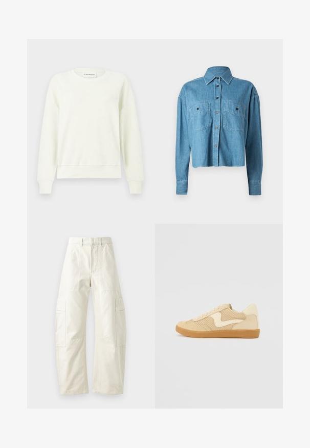 Hellbeiger Pullover mit Rundhalsausschnitt, langen Ärmeln, gerippten Bündchen und Saum sowie einem weichen, strukturierten Stoff. Das Etikett zeigt „CLOSED.“; CLOSED CROPPED FRONT OVERSIZED - Hemdbluse - mid blue; Beige Cargo-Hosen in lockerer Passform mit mehreren aufgesetzten Taschen, einem Reißverschluss und einer strukturierten Oberfläche. Aus strapazierfähigem Baumwollmaterial gefertigt.; Beige Sneaker aus Wildleder und Mesh-Materialien, runde Form, auffälliger gepolsterter Kragen und eine Sohle aus Gummi. Verfügt über ein wellenförmiges Design-Highlight.