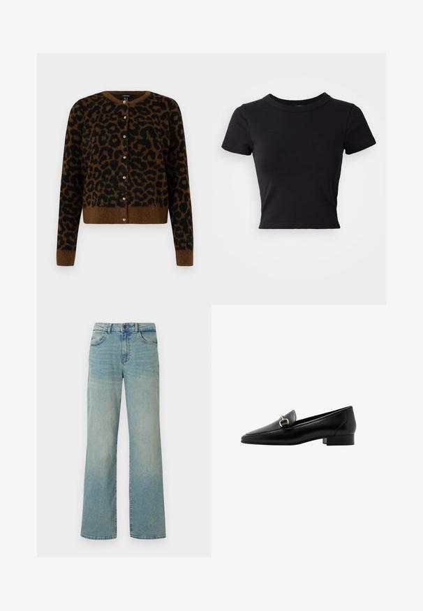 Vero Moda VMNEWKAI O-NECK CARDIGAN - Cardigan - black; Sort cropped t-shirt lavet af solid bomuld, med korte ærmer og rund halsudskæring, med et glat og enkelt design.; Lyseblå denimjeans med høj talje, brede ben og klassisk fem-lomme design. Har subtil falming og knaplukning.; Sorte læder loafers med spidse tå, lille blokhæl og guldfarvet hardware detaljer foran. Glat tekstur og minimalistisk design.