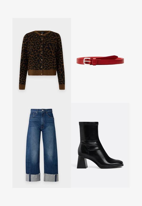 Vero Moda VMNEWKAI O-NECK CARDIGAN - Vest - black; Donkerblauwe denim wijde pijpen jeans met een rafelige zoom en lichtgrijze manchetten. Voorzien van een traditionele vijfzakkenontwerp.; Zwarte leren enkellaars met vierkante blokhak en afgeronde neus, zijaanzicht op een effen lichte achtergrond.; Rode leren riem met een gladde textuur, voorzien van een zilverkleurige metalen gesp en een simpel ontwerp. Verstelbare lengte met een tapse punt.