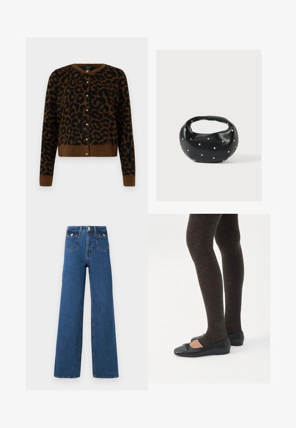 Vero Moda VMNEWKAI O-NECK CARDIGAN - Chaqueta de punto - black; Jeans de pierna ancha de mezclilla oscura. Cuenta con dos bolsillos frontales y un cierre de botón. Textura suave con costuras visibles y forma estructurada.; Piernas con leggings oscuros acanalados combinados con bailarinas negras que presentan pequeños detalles de lazo sobre un fondo blanco.; Bolso de mano de cuero negro con forma redondeada, decorado con detalles de tachuelas plateadas y un asa corta. Textura lisa y cierre con cremallera.