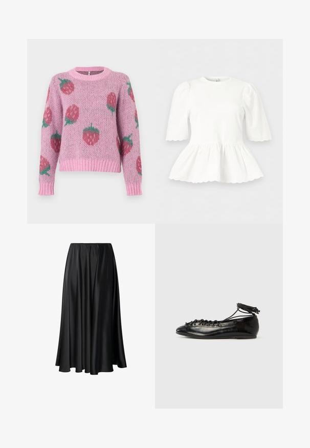 Lyserød strikket sweater med løs pasform, der har et jordbærmønster i rød og grøn. Ribstrikkede ærmekanter og kant forneden tilføjer tekstur.; Hvid bluse med pufærmer til albuerne, indsnæret talje og bølget kant på ærmer og nederkant, vist på en ensfarvet baggrund.; Sort maxiskirt lavet af glat stof, med en elastisk talje, fuld silhuet og en flydende kant uden synlige mønstre eller detaljer.; Sorte balletflade sko i laklæder med rundet tå, snørelukning og flad sål. Glat tekstur med få detaljer.
