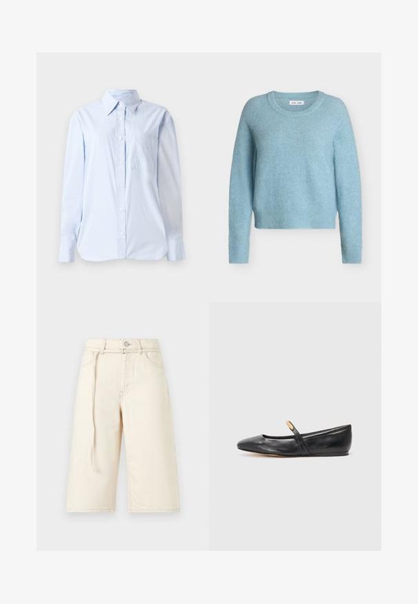 Lyseblå langærmet rundhalset sweater med en blød, dunet tekstur og ribstrikkede manchetter og kant.; Lyseblå button-up skjorte lavet af bomuld, med spids krave, lange ærmer, en brystlomme og en lige kant.; Kremfarvede knælang denimshorts med bæltestropper, frontknap, lynlås, lommer og en løs hængende stofstrimmel på venstre side.; Sorte læder balletflade med spids tå, slank rem og en lille guldfinisher nær remmen. Glat tekstur og lav hæl.