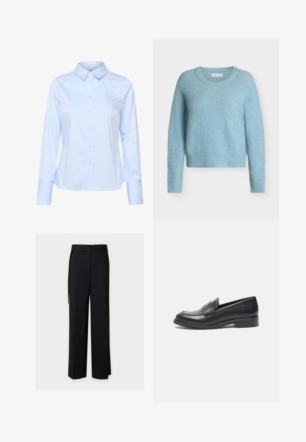 Lyseblå langærmet rundhalset sweater med en blød, dunet tekstur og ribstrikkede manchetter og kant.; Lyseblå langærmet skjorte med knapper og klassisk krave, lavet af glat stof, med en række knapper ned ad fronten og skræddersyede manchetter.; Sorte højtaljede bukser med vide ben, med minimalistisk bælte og sidespalte detaljer på en ensfarvet lys baggrund.; Sorte læderloafer med en glat overflade, rund tå og sidesyning. Har en lav, rektangulær hæl.