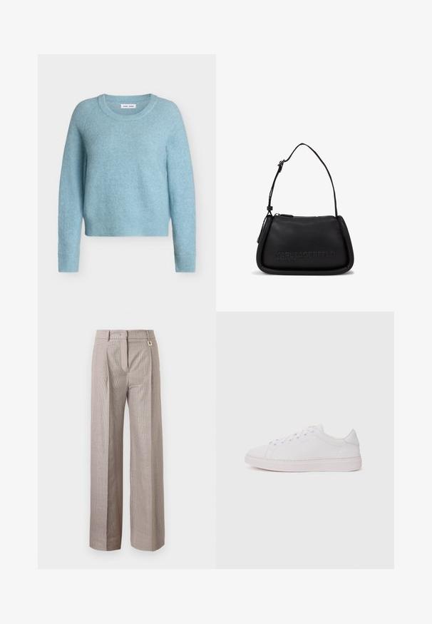 Lyseblå langærmet rundhalset sweater med en blød, dunet tekstur og ribstrikkede manchetter og kant.; Højtaljede bukser med vidde i benene i beige og brunt ternet mønster, med forkanter, bærestropper og skjult frontlukning.; Hvide sneakers med en glat læderoverdel, rund tå og flad gummisål. Har snørefunktion og et diskret logo på siden.; Sorte læder skuldertaske med en buet form, lynlåslukning og præget branding. Har en tynd justerbar rem og en glat tekstur.