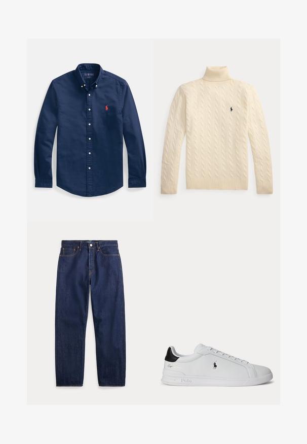 Polo Ralph Lauren CABLE WOOL-CASHMERE TURTLENECK SWEATER - Trui - andover cream; Marineblauw katoenen overhemd met knopen, voorzien van een puntige kraag, lange mouwen en een klein rood geborduurd logo op de borst.; Donkerblauwe denim jeans met rechte pijpen, vijf zakken, knoopsluiting en zichtbare stiksels.; Witte lage sneaker met zwarte hieltab, veters en Polo Ralph Lauren-logo aan de zijkant, met gegraveerde zooldetails.