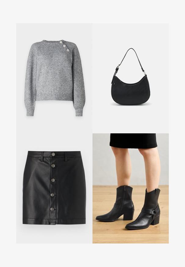 Pull en tricot gris à manches longues, avec un ourlet côtelé et trois boutons décoratifs sur l'épaule gauche, présentant une texture douce.; Jupe en cuir noire au design ajusté, dotée de cinq boutons en métal argenté sur le devant et d'un ourlet droit. Texture lisse.; Bottines en cuir noir avec un bout pointu, fermeture éclair, talon courbé et une sangle décorative avec des accents en métal.; Sac hobo noir en cuir lisse avec une silhouette arrondie, doté d'une seule sangle ajustable et de détails de design minimalistes.