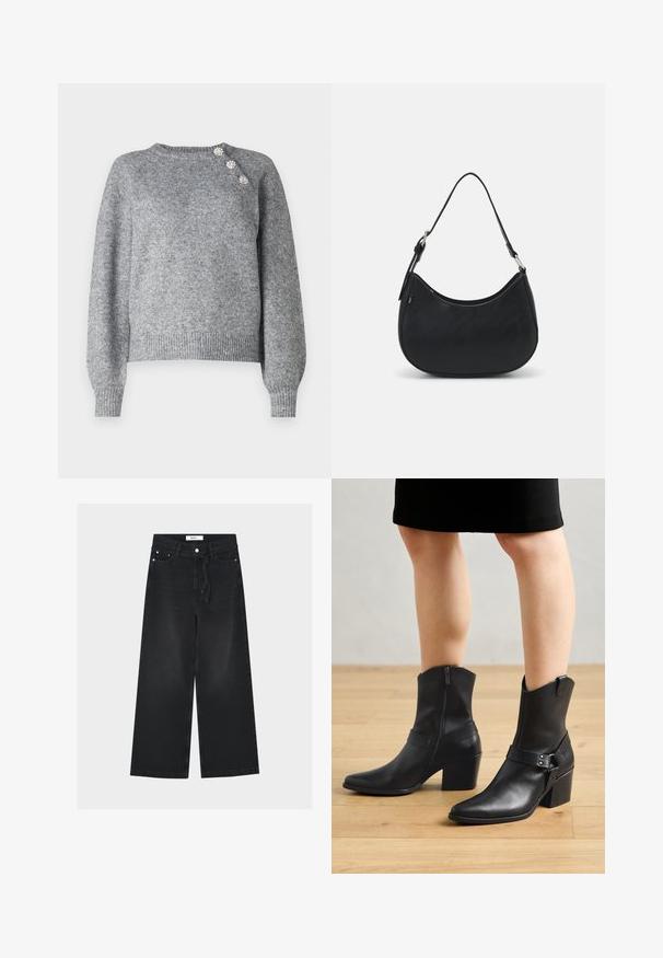 Grå strikket sweater med lange ærmer, ribbet kant og tre dekorative knapper på venstre skulder, udstyret med en blød tekstur.; Sorte vidde jeans med høj talje, bæltestropper, forreste knap- og lynlåslukning samt et stofbælte bundet i taljen.; Sorte læder ankelstøvler med spids tå, lynlås lukning, buet hæl og en dekorativ rem med metal detaljer.; Sort hobo taske lavet af glat læder med en buet silhuet, der har en enkelt justerbar skulderrem og minimalistiske designdetaljer.